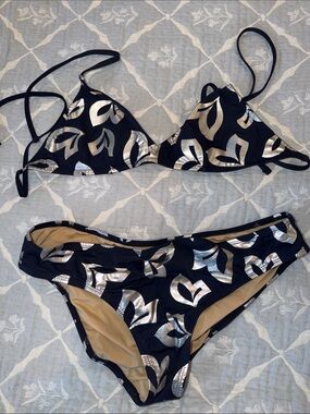 J. Crew Navy Swim Bottoms with Metallic Silver Leaf Print